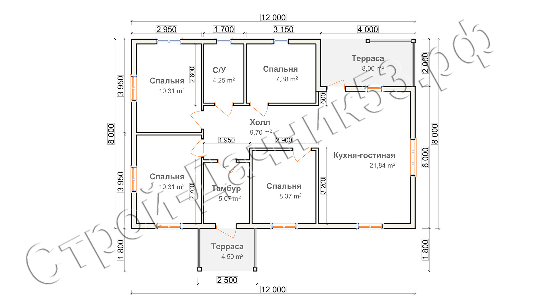 Проект каркасно-щитового дома Д–26, план 1-го этажа